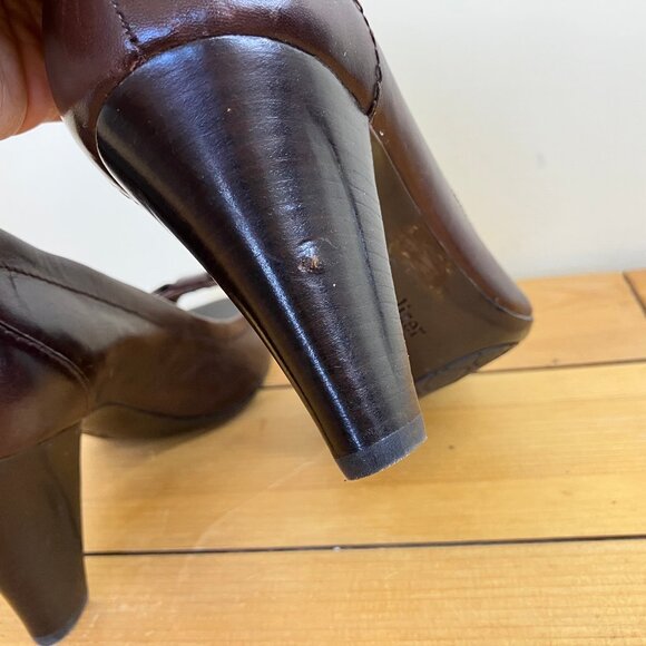 Naturalizer Glenda Leather Peep Toe Pumps Brown High Heel Shoes Bow Detail US 8W - Picture 6 of 7
